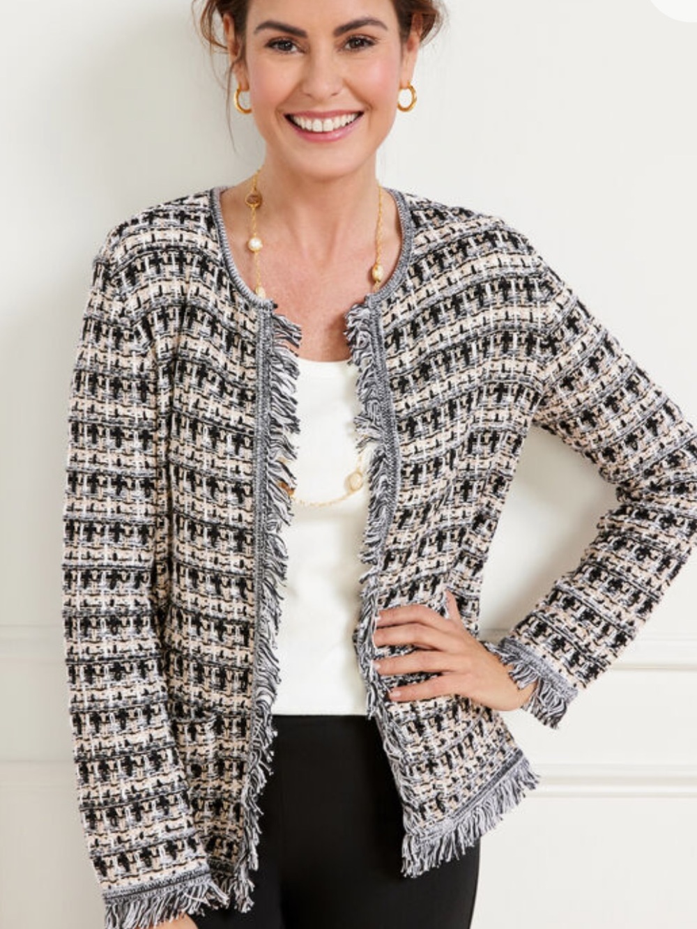 NWT Talbots Open Front Cardigan Sweater Fringe Plaid Boucle Tweed Size S